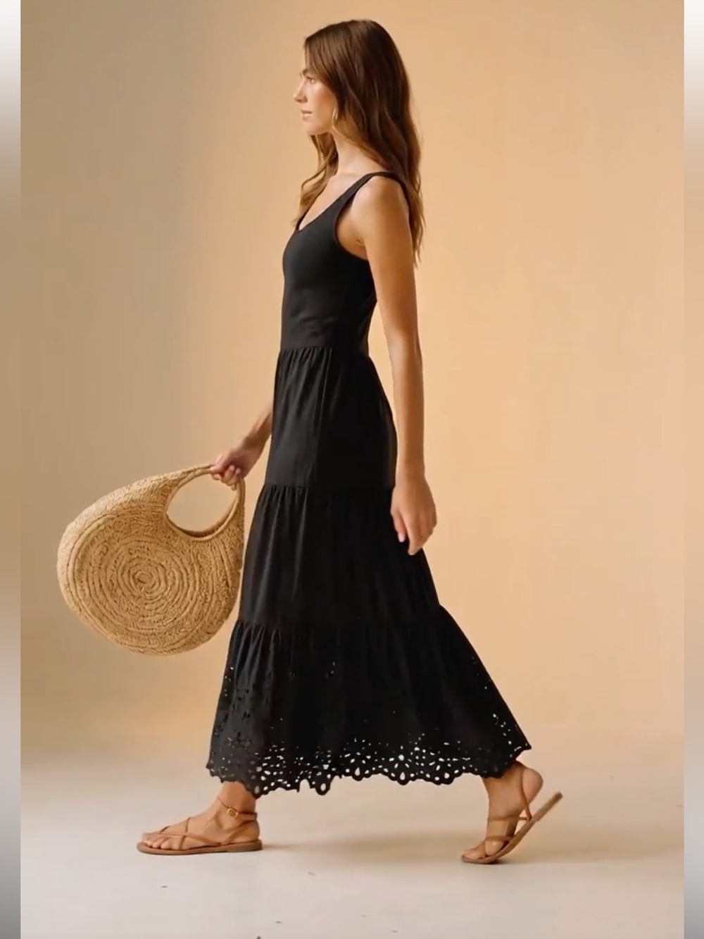 J. Crew Sleeveless Black Tiered Maxi Dress with Eyelet Hem